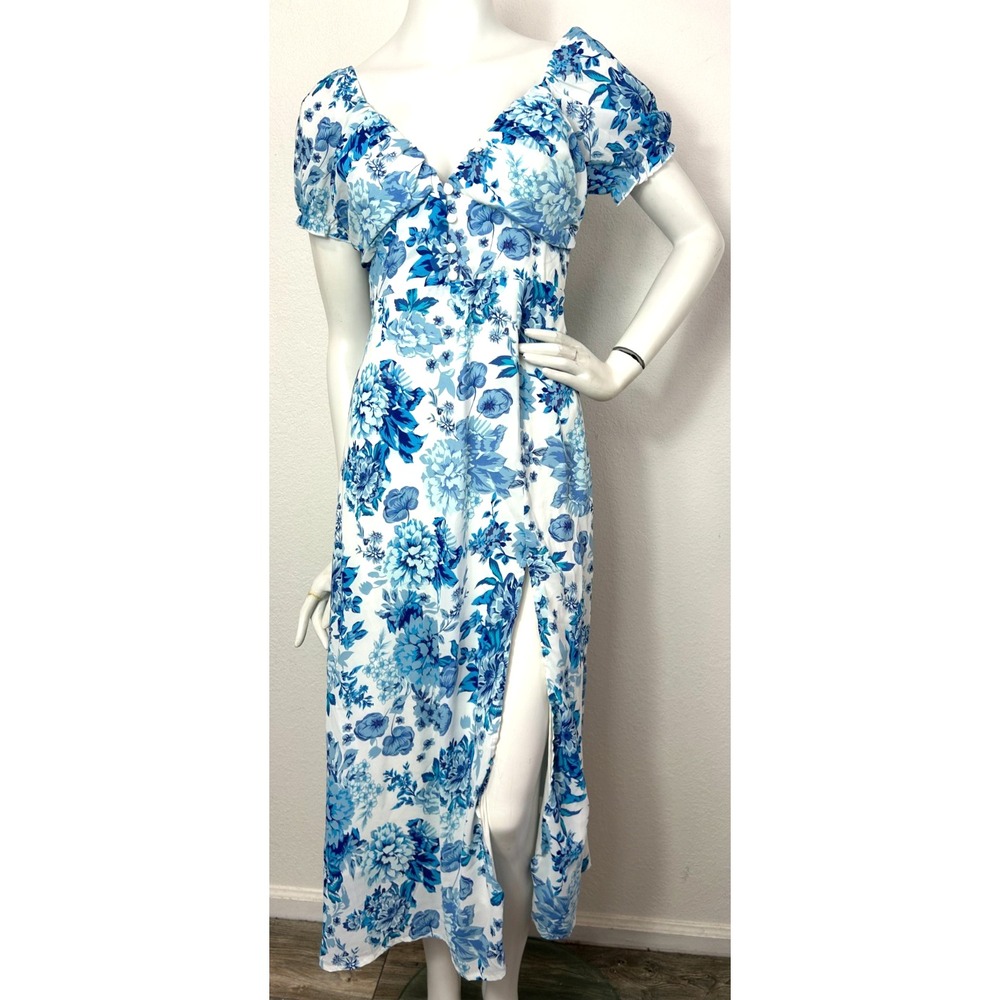 Thats So Fetch Blue White Floral Sweetheart Slit Midi Dress M Romantic Coquette